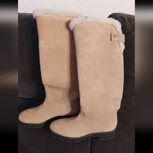 New Stuart Weitzman Alpine Shearling Trim Leather Knee High Leather Boots $895